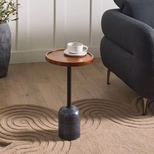 Wyld and Coco Round Side Table with Brown Mango Wood Top and Black Marble Base