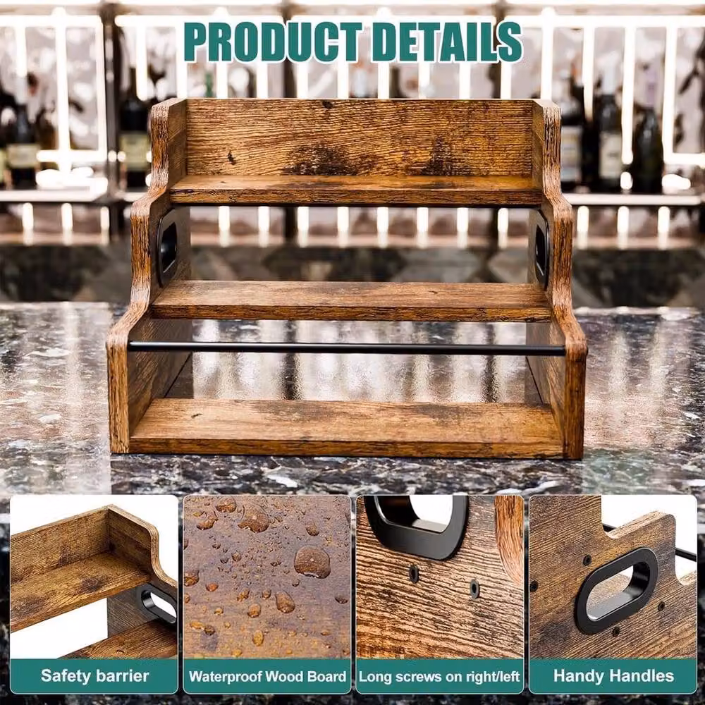 VOGREX Industrial Wooden and Metal Countertop Wine Bottle Display Rack in Brown – 4