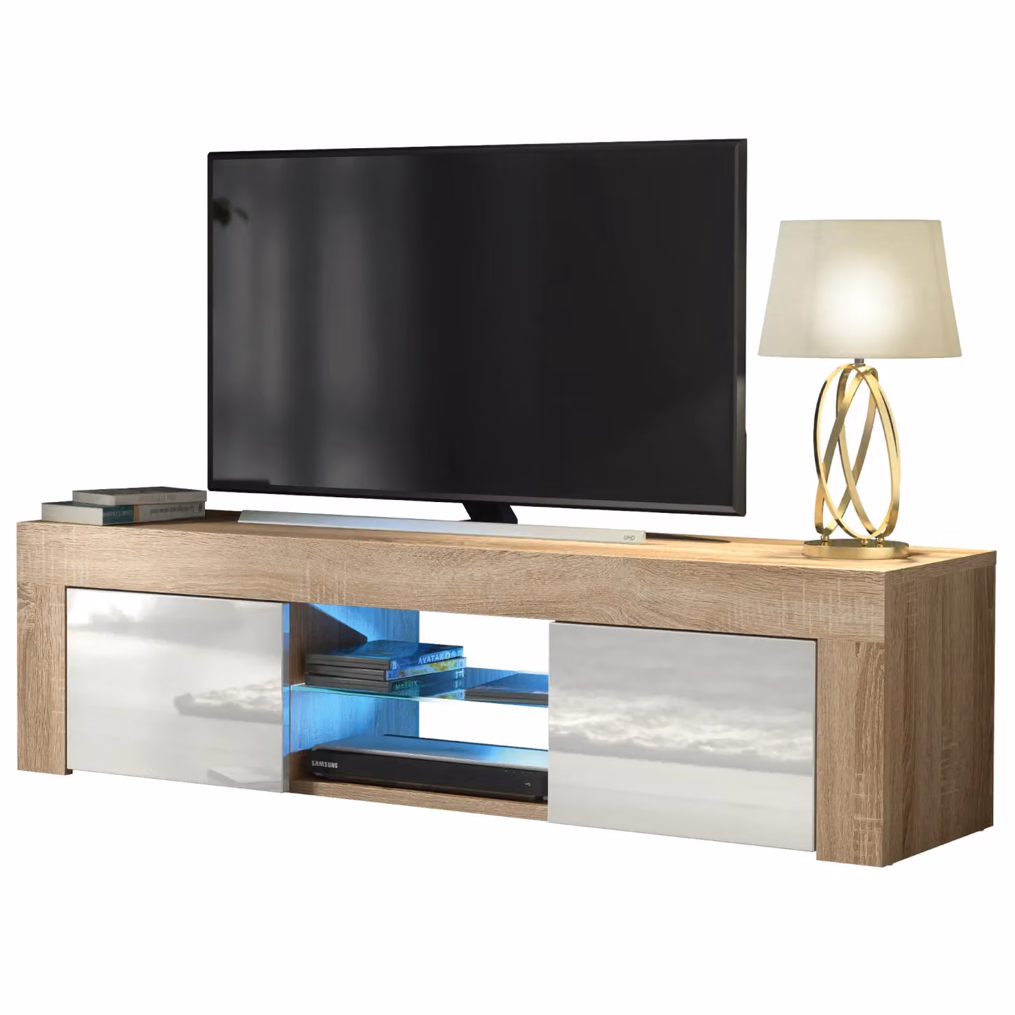 Creative Furniture Loom TV Unit in Oak with White Gloss Doors and LED Lights, W: 130 cm, D: 35 cm, H: 35 cm – 5