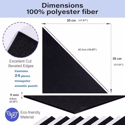 Gr8 Home Set of 24 Black Triangle Self Adhesive Acoustic Wall Panels made from Polyester Fibre – 5