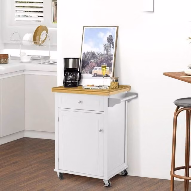 EONLION Modern Rolling Kitchen Cart Storage Trolley in White with Bamboo Wood – 1