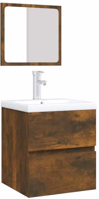 Berkfield Home Modern Bathroom Vanity Unit and Mirror Cabinet Set in Smoked Oak Brown, W/D/H: 45.0 x 38.5 x 41.0 cm