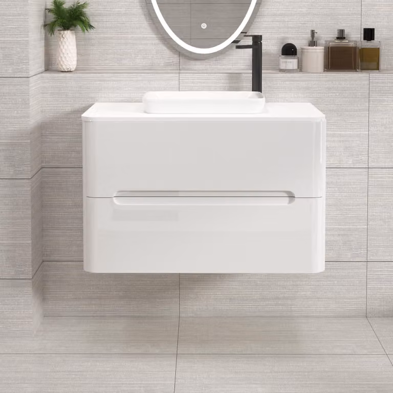 Royal Bathrooms Venice 800mm Gloss White Wall Hung Vanity Unit with 2 Drawers and Qubix Basin