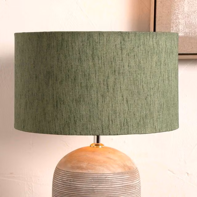 Ruma Sage Green Slubbed Faux Silk Gold Lined Cylinder Table Lamp Shade, Height: 35.56 cm