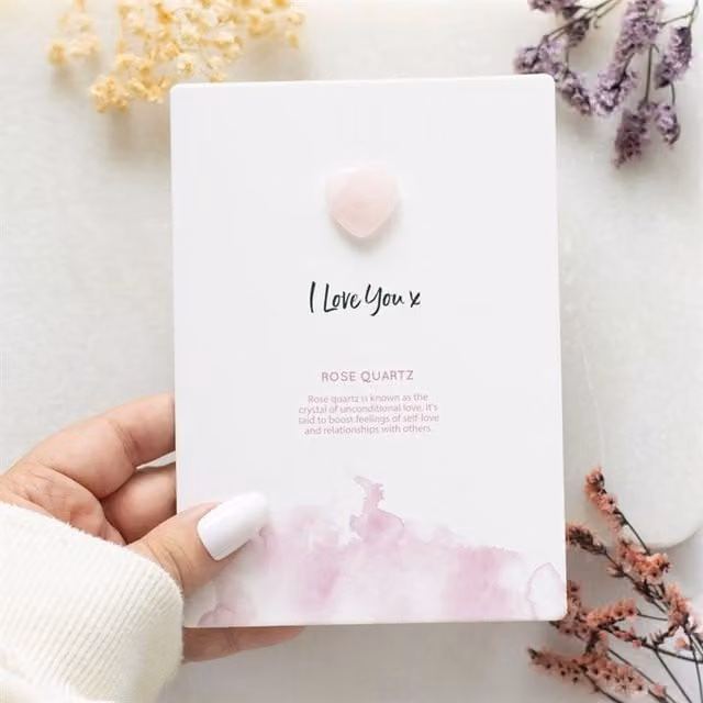 I Love You Rose Quartz Heart Greeting Card in Pink and White