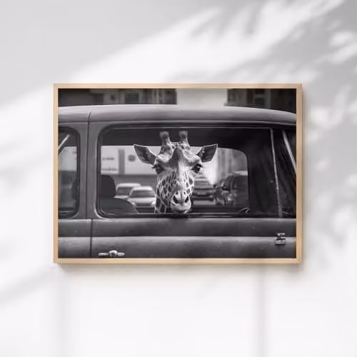 60 Second Makeover Giraffe In A Car Illustration Paper Poster, A3, Multicolour