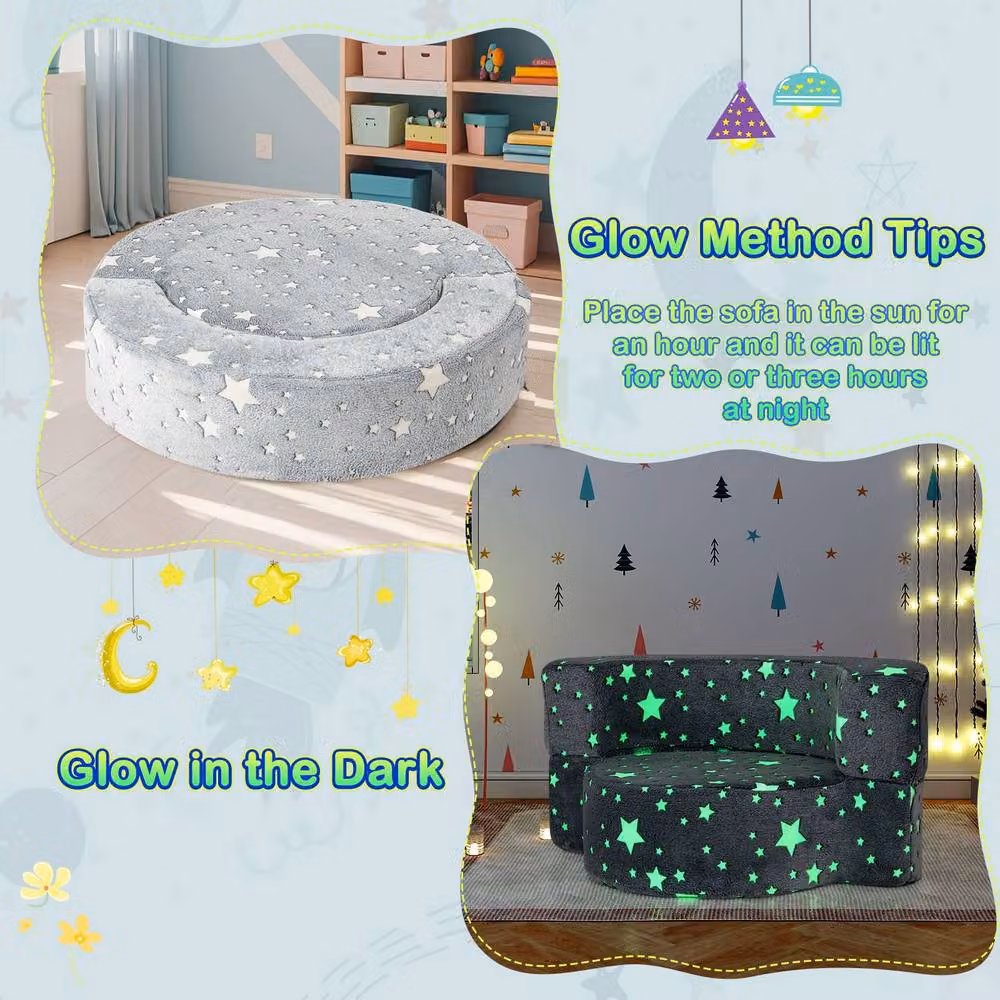 Costway Glow-in-the-Dark Kids 2-in-1 Toddler Sofa and Game Mat with Washable Grey Cover – 2