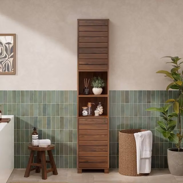 VonHaus Chester Freestanding Wood Tall Bathroom Storage Cabinet in Brown, H 165 x W 34 x D 23 cm