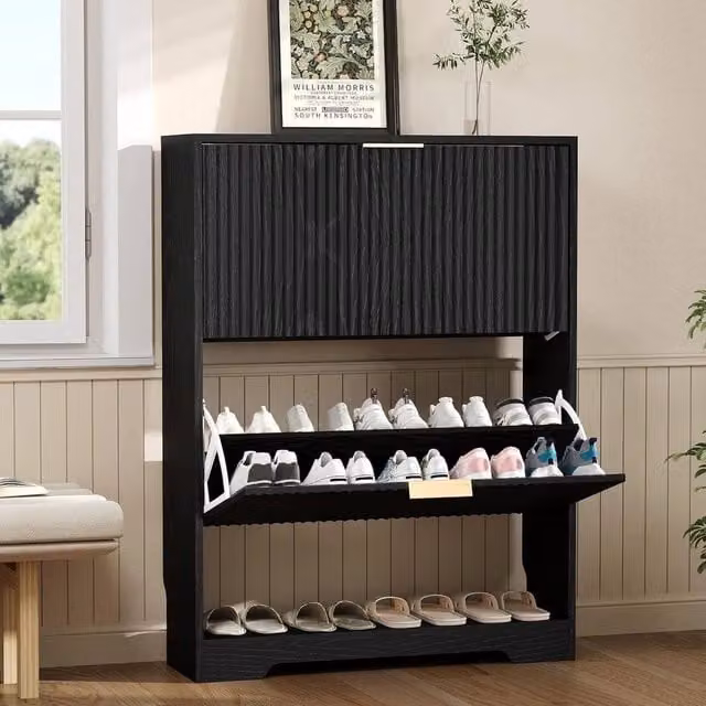 KORVIXA Black Mid-Century Wooden Shoe Storage Cabinet with 2 Tilting Compartments, W/D/H: 100 x 24 x 100 cm
