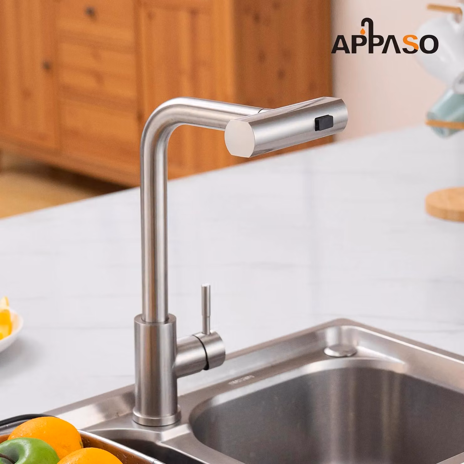 Appaso Waterfall Kitchen Mixer Tap with Pull Out Spray and 360 Degree Swivel in Silver Brushed Steel – 5