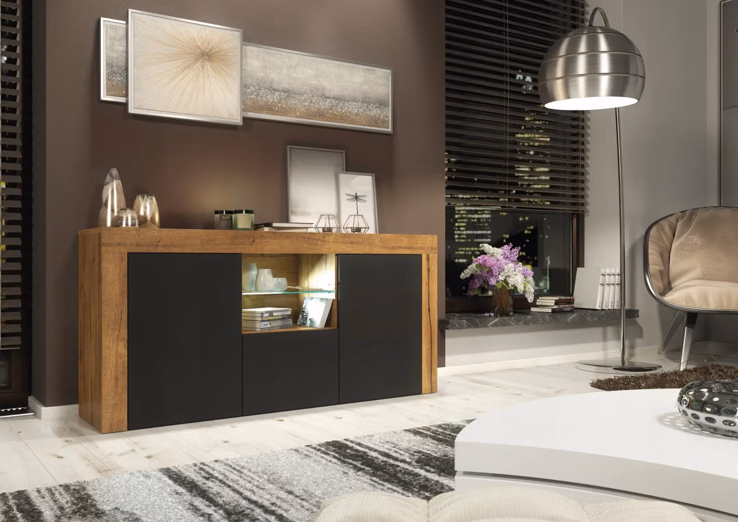 Mex Furniture LTD Modern Brown Sideboard with Matt Doors and Integrated LED Lighting, W: 145 cm, D: 35 cm, H: 70 cm – 3