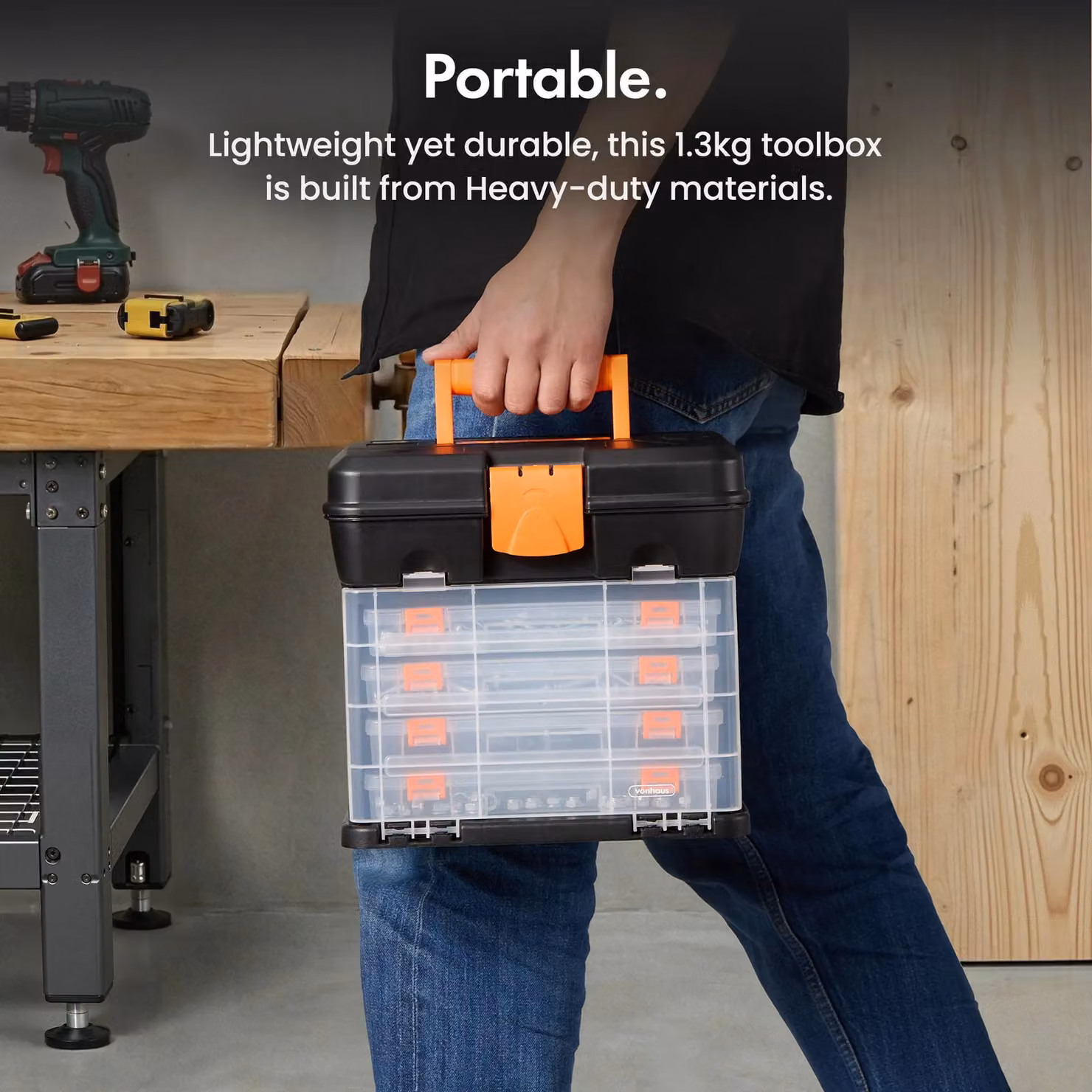 VonHaus Plastic Utility Tool Box Storage Organiser Case in Black with Inserts – 5