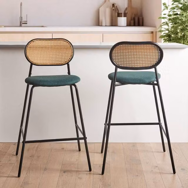 Wyld and Coco Viennese Bar Chairs Set of 2 with Black Metal Frame and Rattan Backrest