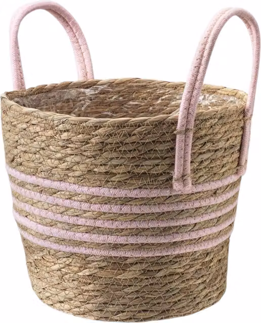 Kingsbury Gifts Woven Seagrass Planter Basket with Pink Stripes, Round Tabletop Design, Diameter: 23 cm