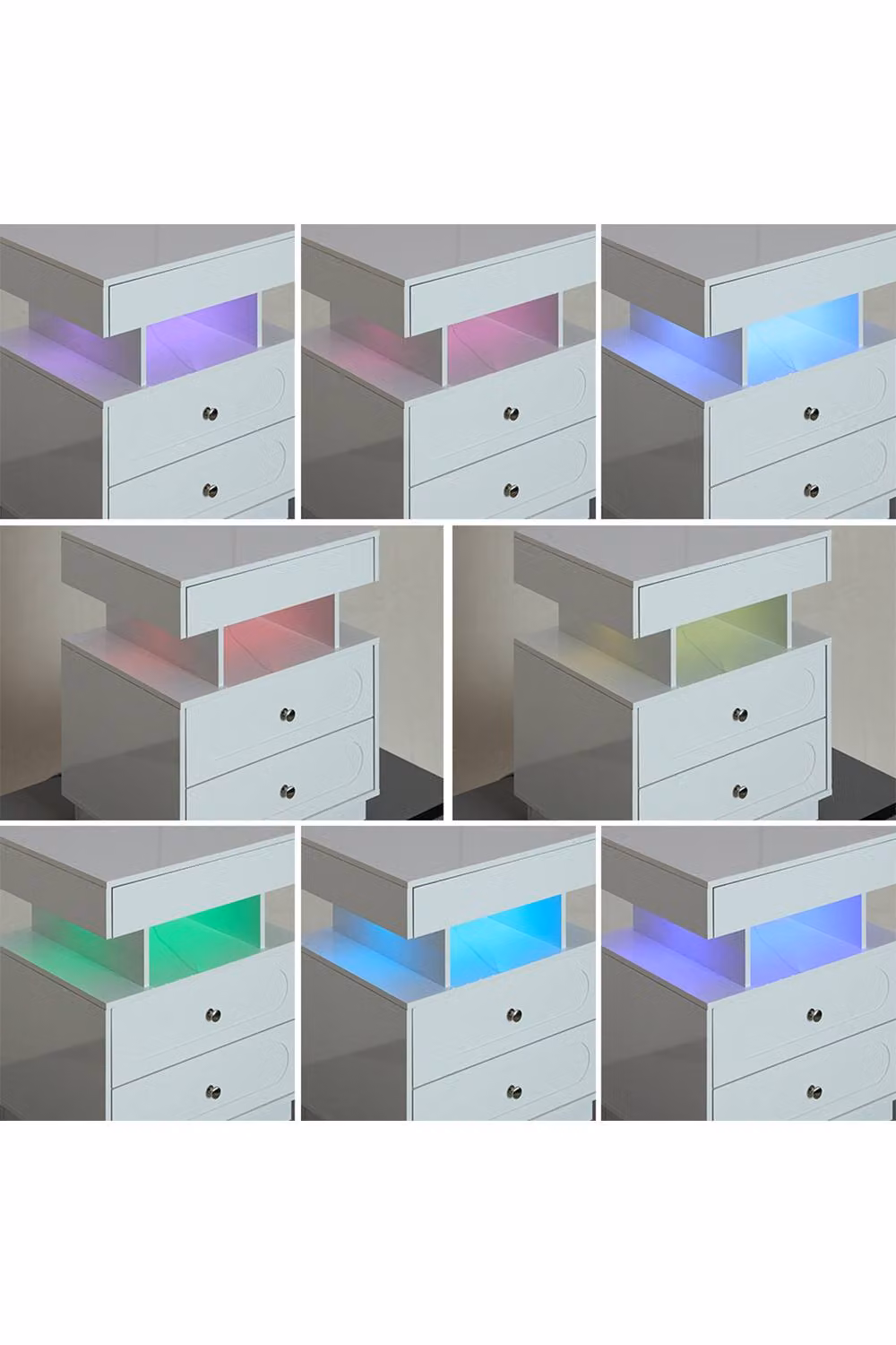 Living and Home Modern 3-Drawer Bedside Table with Integrated RGB Lighting in White – 2
