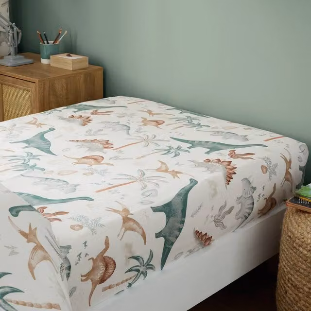 Happy Linen Company Scandi Saurus Dinosaur Fitted Sheet in Ivory, W/D/H: 140 x 190 cm
