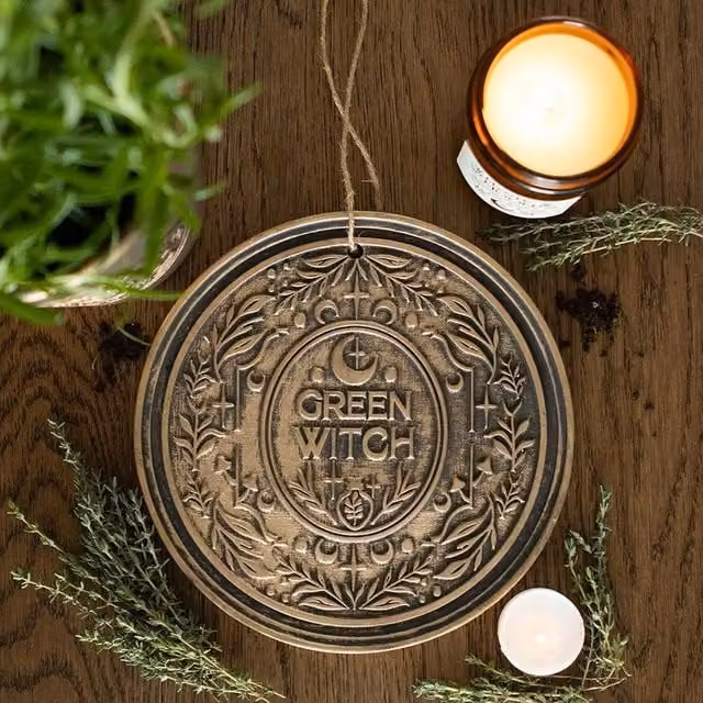 Uniqueful Green Witch Bronze Effect Gold Ceramic Hanging Plaque