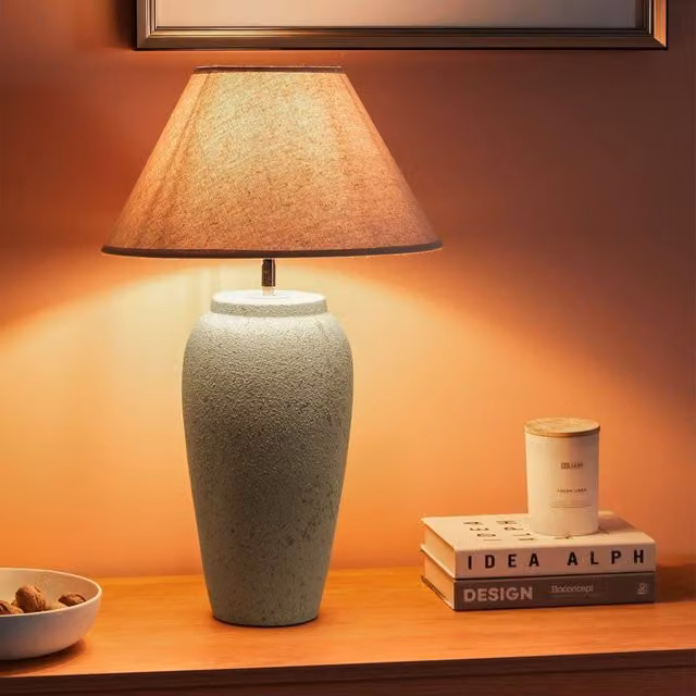 Wyld and Coco White Ceramic Table Lamp with Adjustable Fabric Cone Shade