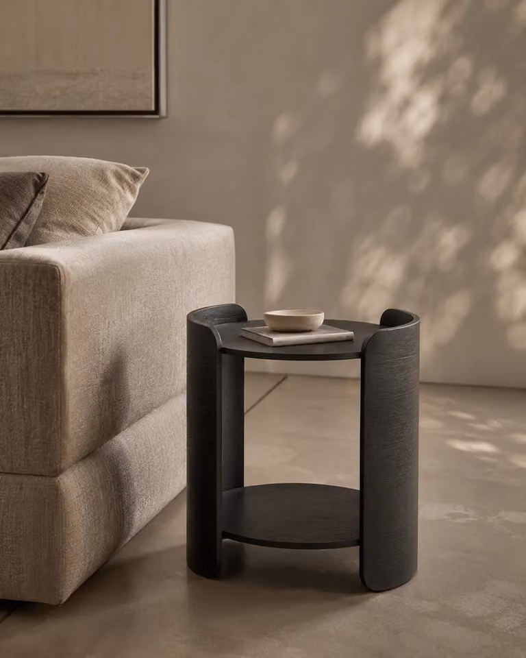 Ness Round Oak Wood Side Table by Tommy Franks in Brown and Black