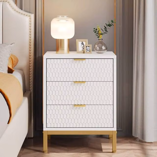 VOGREX Modern White and Gold Geometric Nightstand with 3 Drawers for your Bedroom