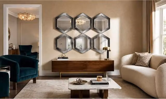 Biznest Set of 3 Gold Hexagonal Wall Mirrors with Plastic Frames, Diameter: 30 cm
