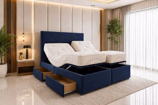 SOFT SNOOZE BEDS Small Single Orthopaedic Mobility Divan Bed with Mattress, Headboard and Drawers in Dark Blue