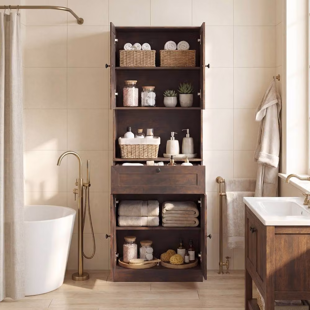 Costway Modern Wooden Bathroom Cabinet in Brown with 4 Doors and 1 Drawer – 5