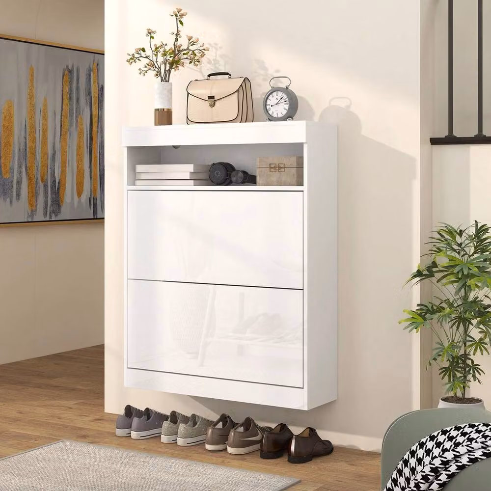 NESTLUNE White Glossy Wall Mounted or Freestanding Shoe Cabinet with Tilting Compartments, W/D/H: 100 x 12 x 100 cm – 2