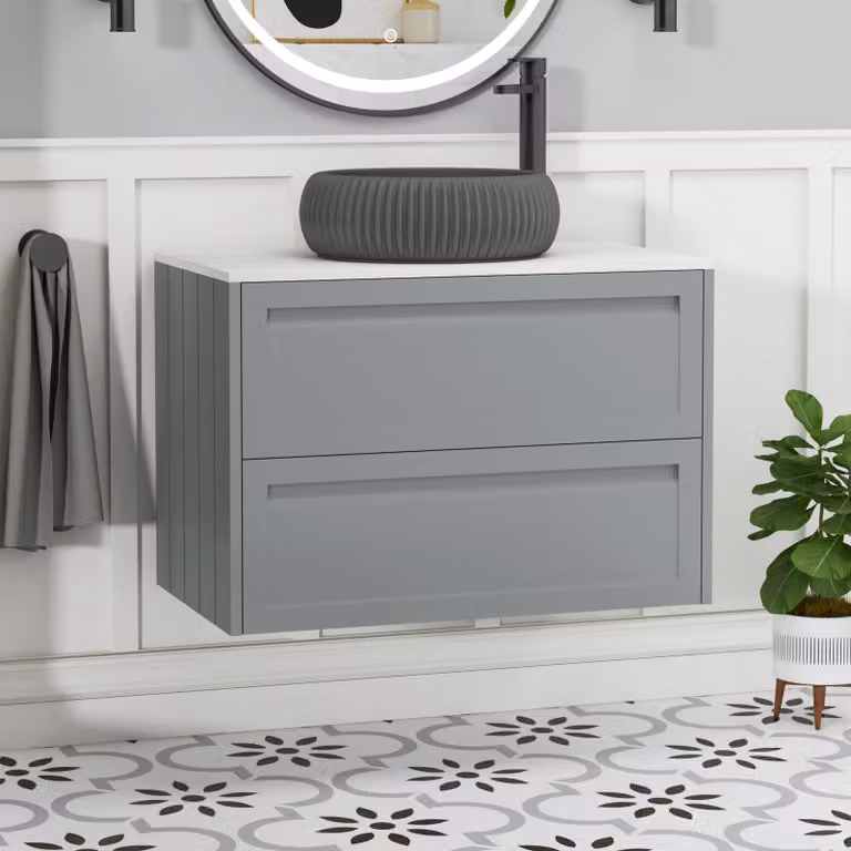 Royal Bathrooms Elmore 800mm Matt Pebble Grey Wall Hung 2 Drawer Vanity Unit with Milan Black Basin