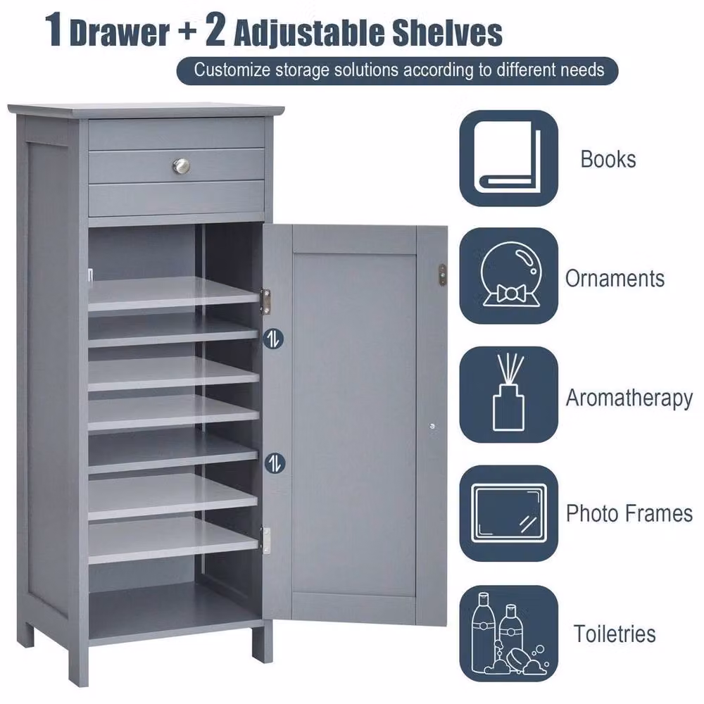 Kelvenix Grey Wooden Bathroom Floor Standing Storage Cabinet with Hinged Doors and Internal Shelves and Drawers – 4