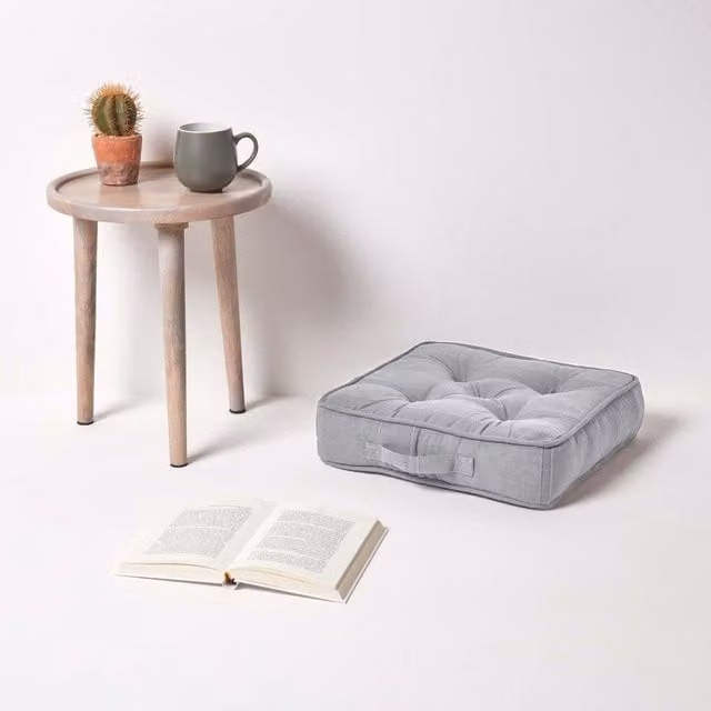 Homescapes Rajput Ribbed Cotton Floor Cushion in Silver and Grey
