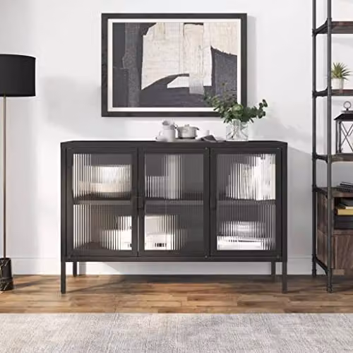 vidaXL Modern Black Sideboard with Glass and Metal, W/D/H: 105 x 35 x 70 cm – 2