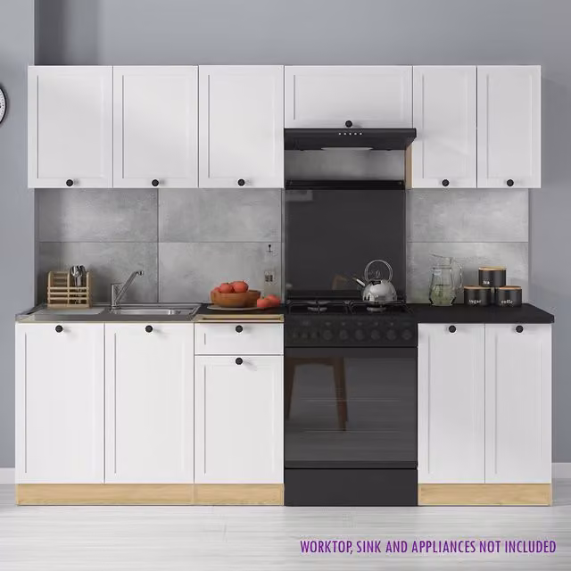 Heze Furniture Summer 7 Unit Modern Freestanding Kitchen Cabinet Set in White, Grey and Oak Glossy Finish