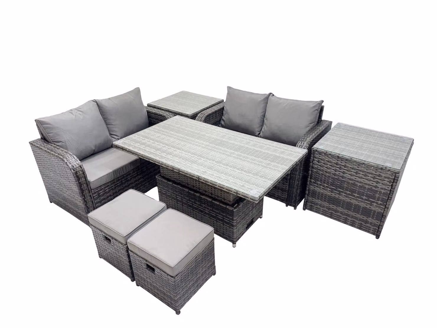 Fimous 6-Seater Rattan Garden Furniture Dining Set with 2 Small Stools in Dark Grey – 2