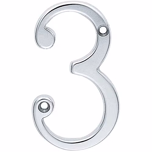Loops Satin Chrome House Numeral Plaque, Number 3, Height: 7.5 cm, Depth: 0.4 cm