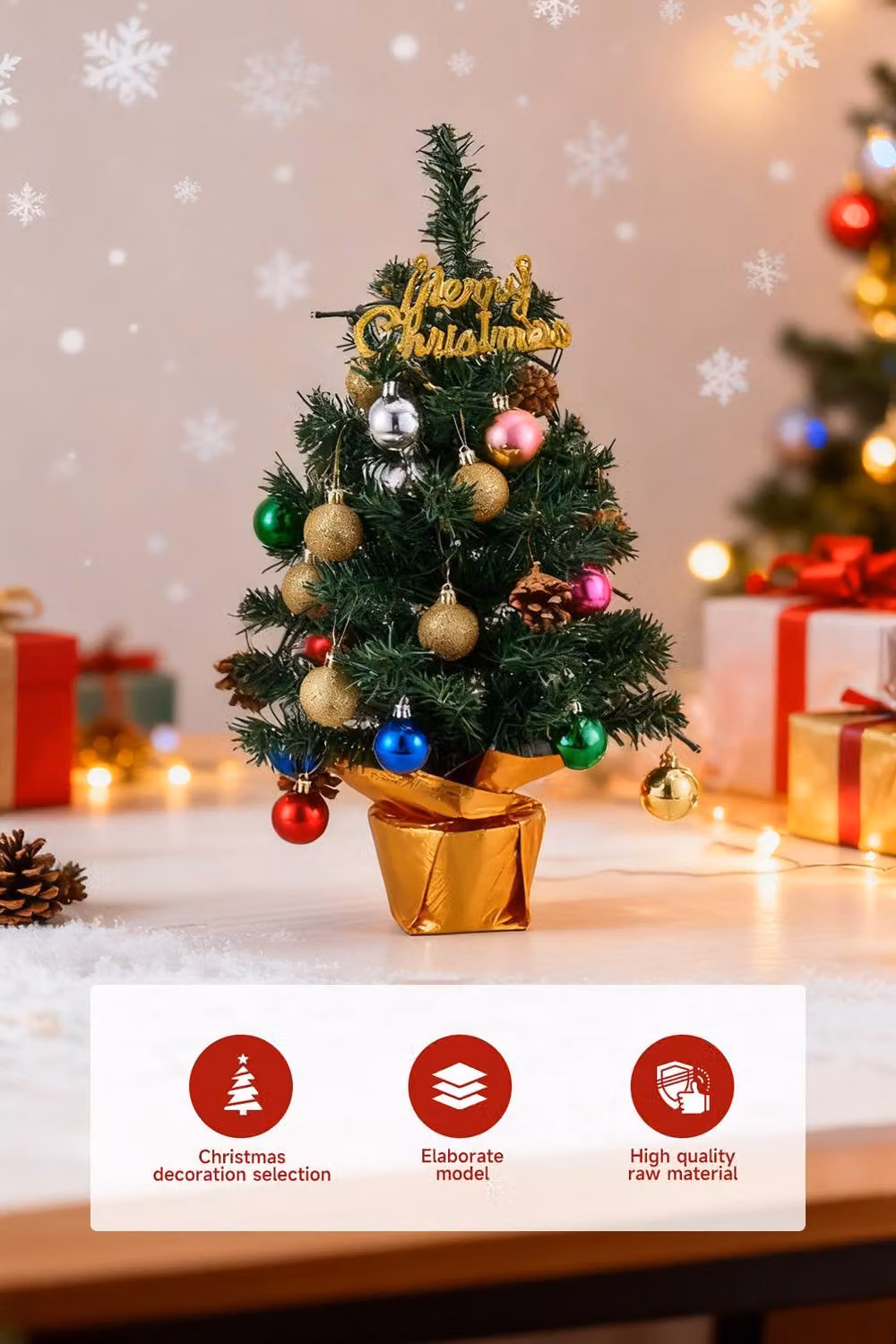 Living and Home Mini Pre-Lit Tabletop Christmas Tree with Merry Christmas Top and Multicolour Baubles in Green, Gold and Brown – 3