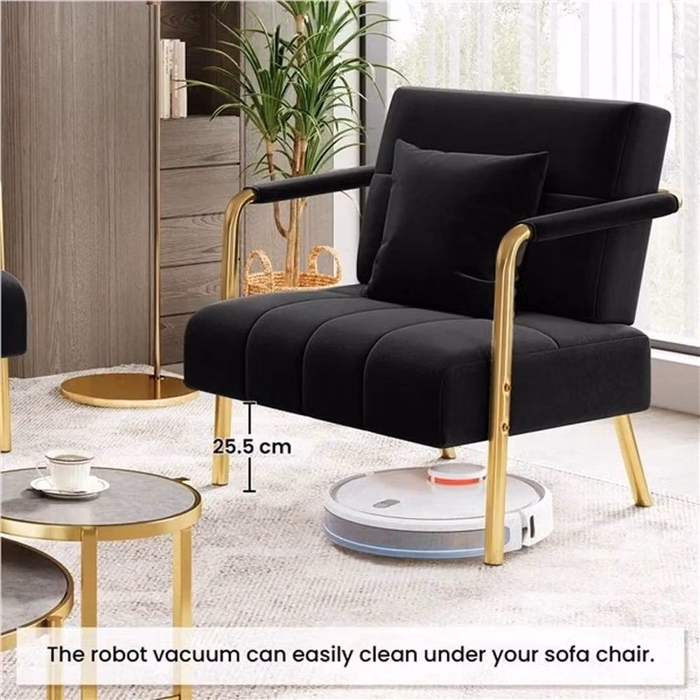 Kelvenix Black Velvet Accent Armchair with Gold Details and Pillow, Width: 75.5 cm – 3