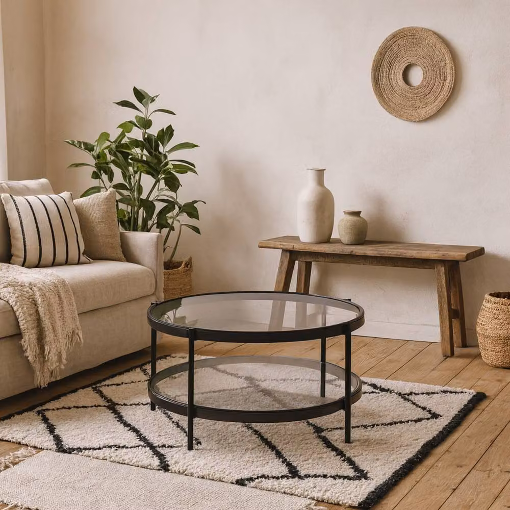 Wyld Haus Featheroak Round Smoked Glass Coffee Table in Grey with Black Metal Legs – 2