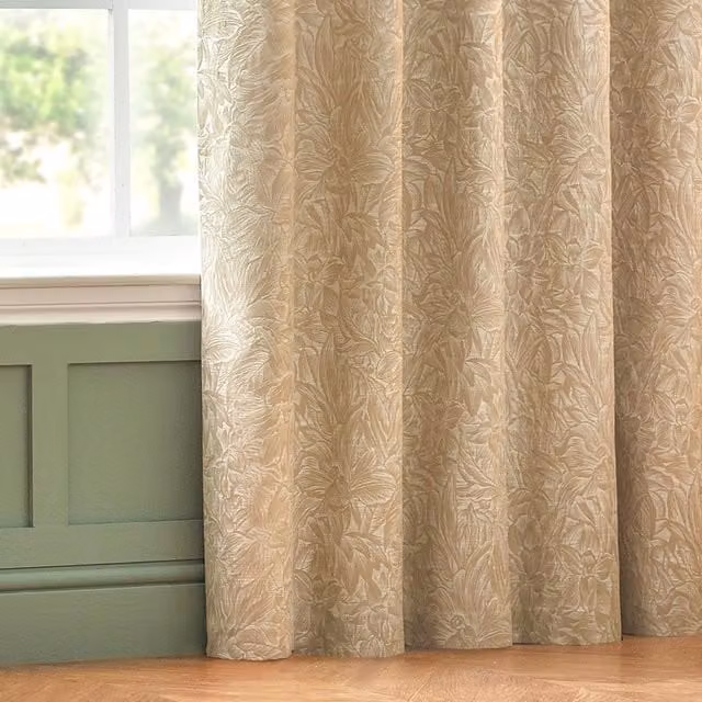 Grantley Set of 2 Jacquard Eyelet Curtains in Beige and Yellow Floral Design, Height: 183 cm, Width: 168 cm