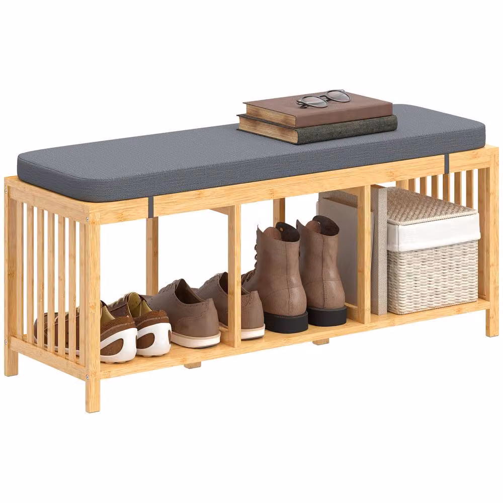 HOMCOM Bamboo Shoe Rack with Fabric Seat and Natural Wood Finish – 2