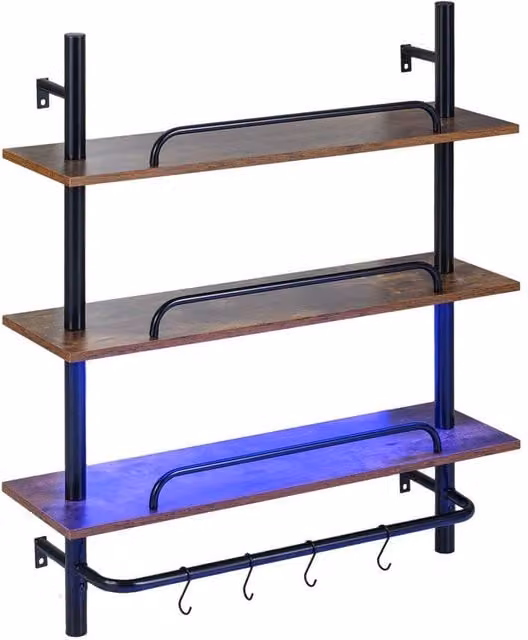 VOGREX Industrial 3-Tier Wall Mounted Pipe Storage Rack in Brown and Black with Integrated Lighting