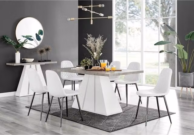 FurnitureboxUK Athens Grey Concrete Effect Rectangular Dining Table and 6 Corona Black Leg Chairs in White