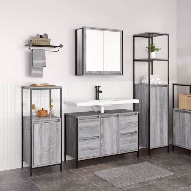 Berkfield Home 3-Piece Modern Grey Bathroom Furniture Set with Hinged Doors and Drawers