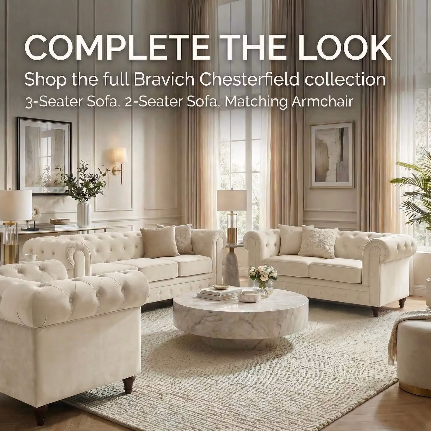 Bravich LTD 3 Seater Chesterfield Scroll Arm Velvet Sofa in Beige – 4
