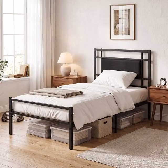 Gymax Single Bed Frame with Upholstered Headboard and Metal Slats, Black, 90 x 200 cm