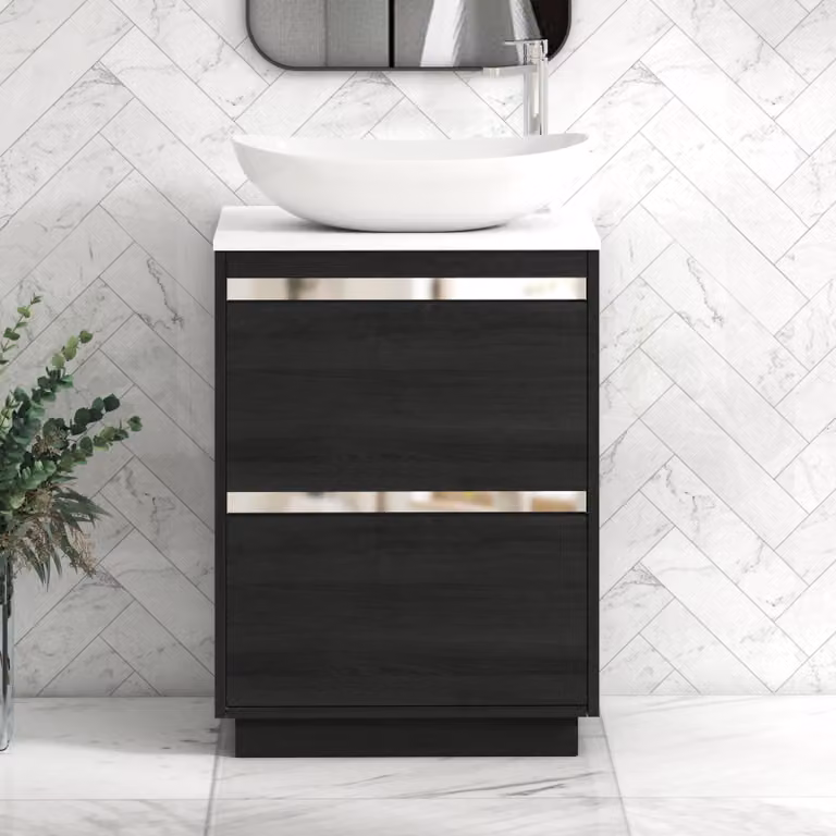 Royal Bathrooms Orion 600mm Hale Black Floor Standing Vanity Unit with Cesar Basin and 2 Drawers in Plain White and Chrome Accent Trim