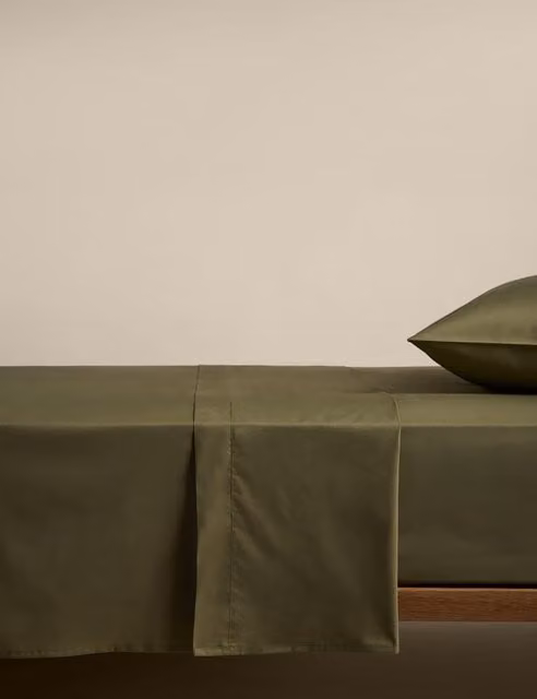 M&S Fern Green Cotton Rich Percale Flat Sheet, 200 x 200 cm