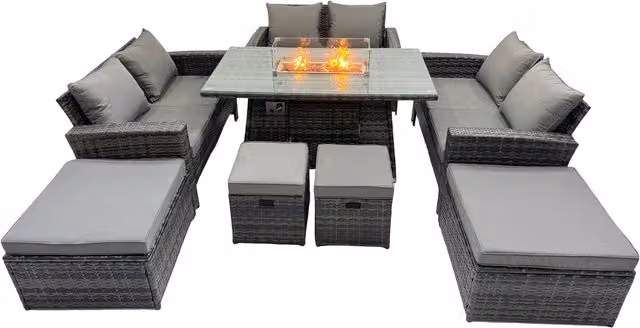 Fimous 10-Seat Rattan Garden Furniture Set with Gas Firepit Table and 4 Footstools in Dark Grey Mixed Rattan and Fabric