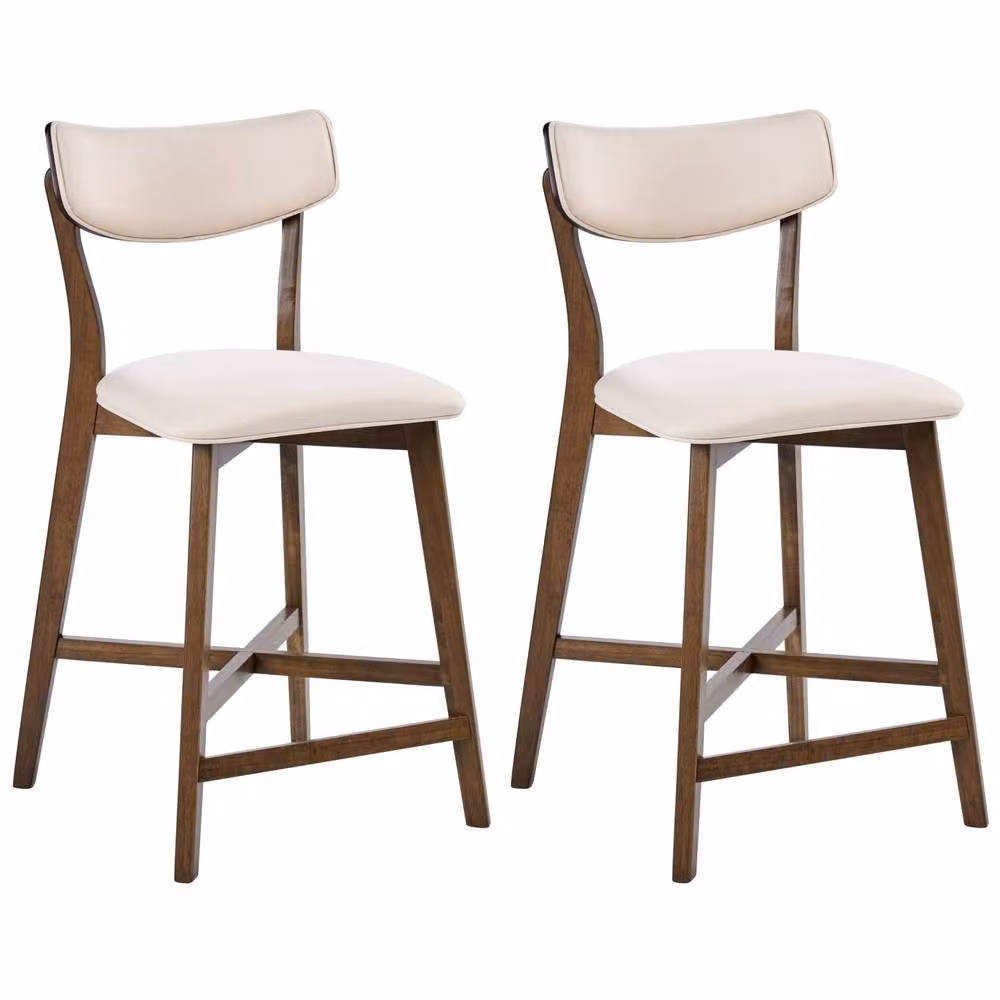 Wyld and Coco Set of 2 Armless Retro Bar Chairs in Brown Rubberwood and Off-White Fabric – 2