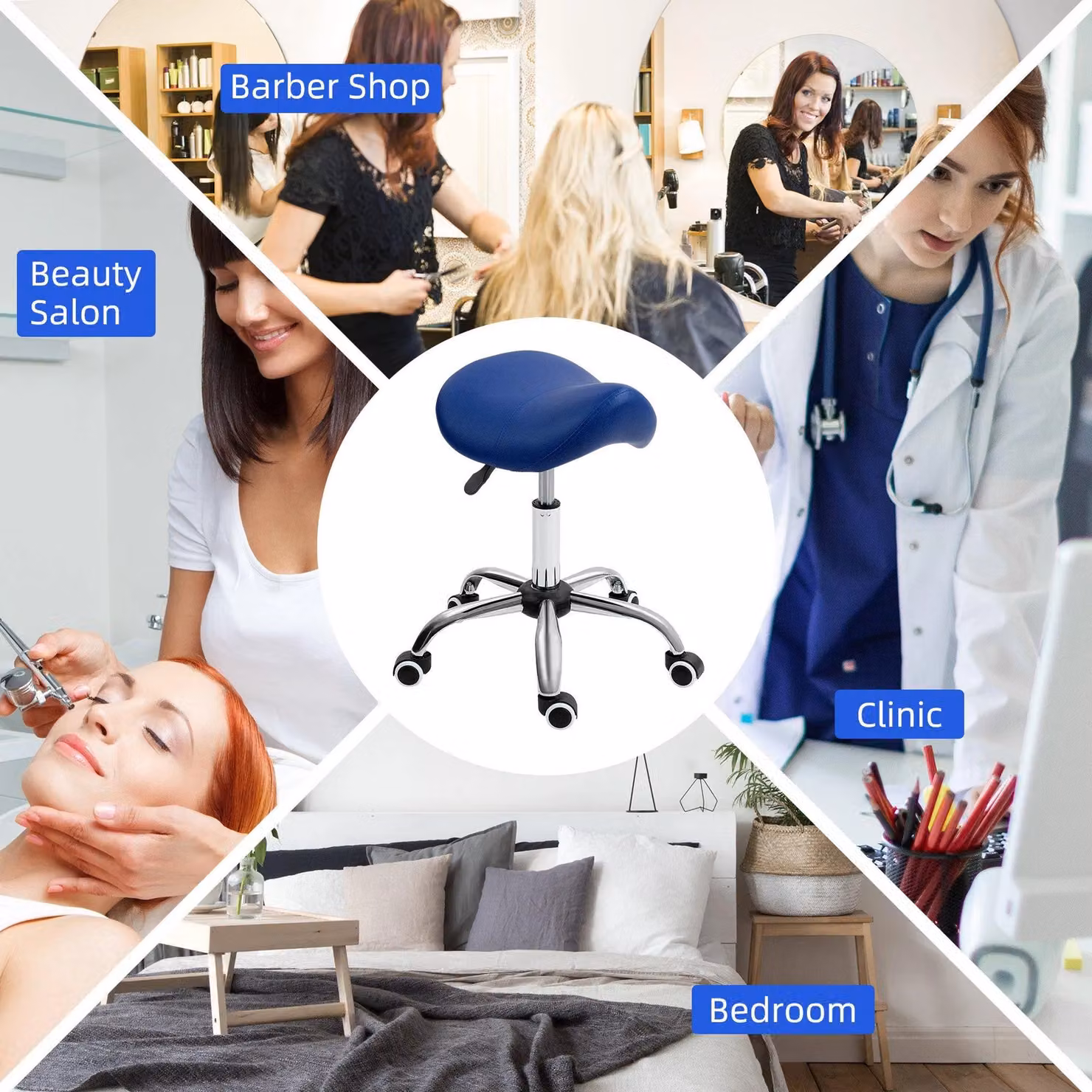 HOMCOM Blue PU Leather Adjustable Height Saddle Stool with Castors and Metal Frame – 3
